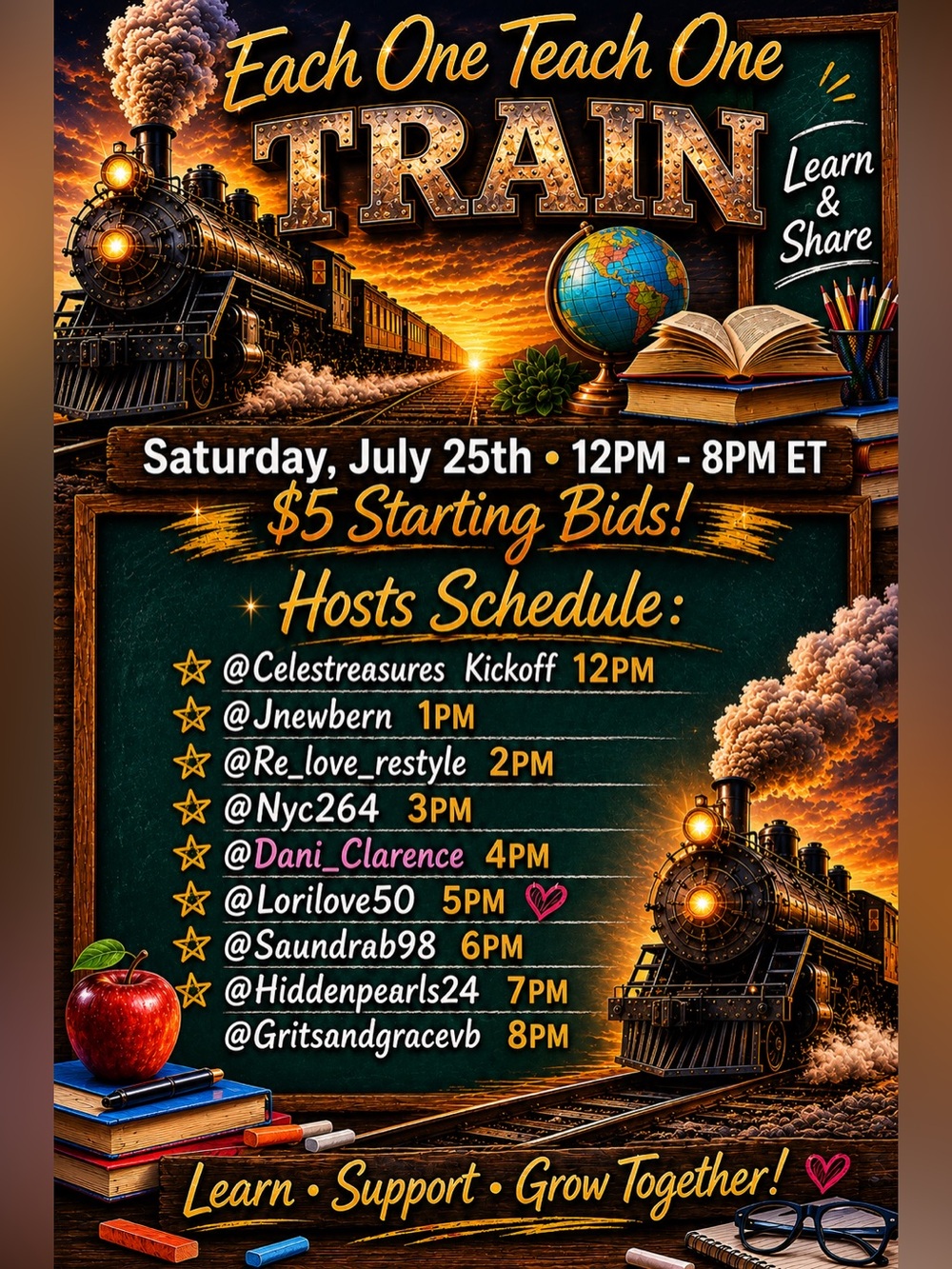 Each One Teach One Train ~ Saturday 5/16 $5 Starts Bids. 8 Hosts, Great Deals!!